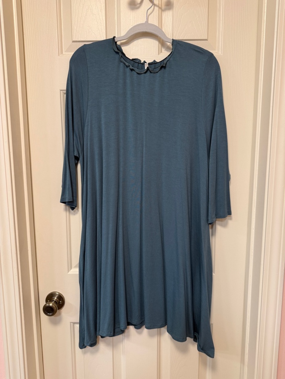 Ruffled Crewneck Swing Tunic in Dusty Blue